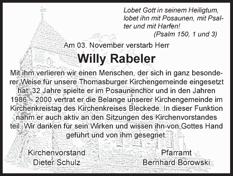  Traueranzeige für Willy Rabeler vom 07.11.2020 aus LZ