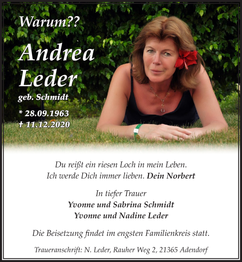  Traueranzeige für Andrea Leder vom 15.12.2020 aus LZ