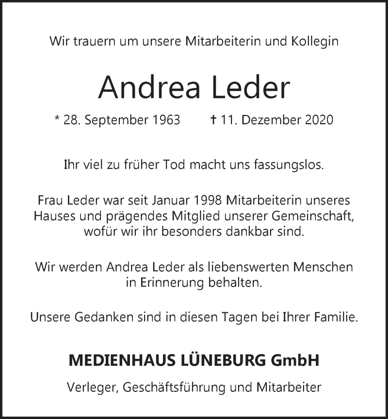  Traueranzeige für Andrea Leder vom 15.12.2020 aus LZ