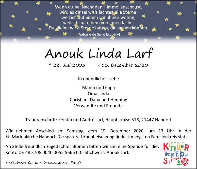  Traueranzeige für Anouk Linda Larf vom 16.12.2020 aus LZ