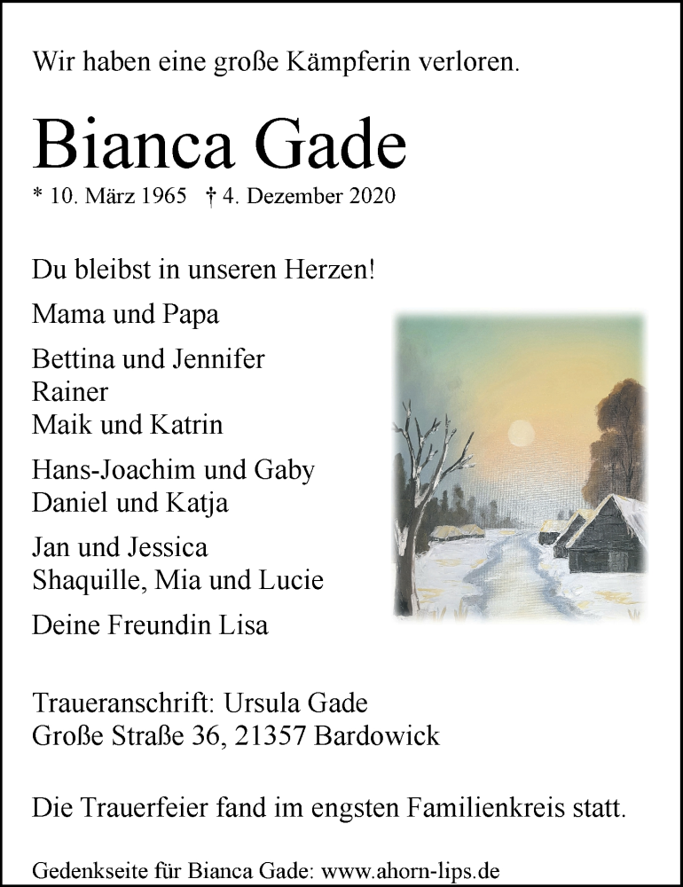  Traueranzeige für Bianca Gade vom 12.12.2020 aus LZ