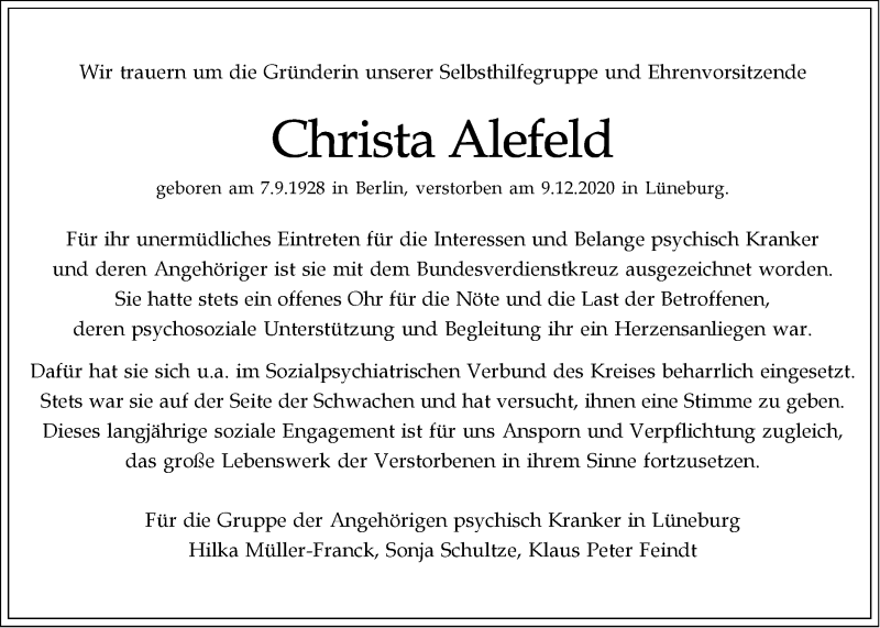  Traueranzeige für Christa Alefeld vom 12.12.2020 aus LZ