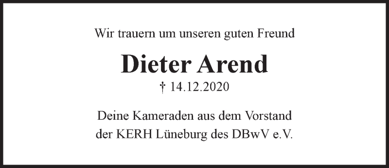  Traueranzeige für Dieter Arend vom 19.12.2020 aus LZ
