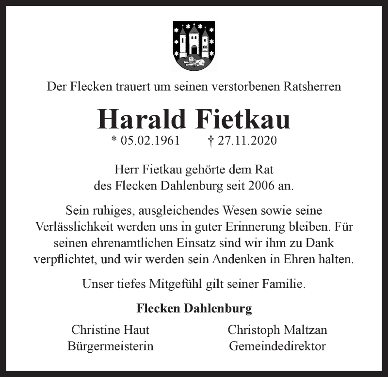  Traueranzeige für Harald Fietkau vom 05.12.2020 aus LZ