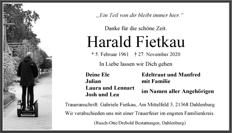  Traueranzeige für Harald Fietkau vom 05.12.2020 aus LZ