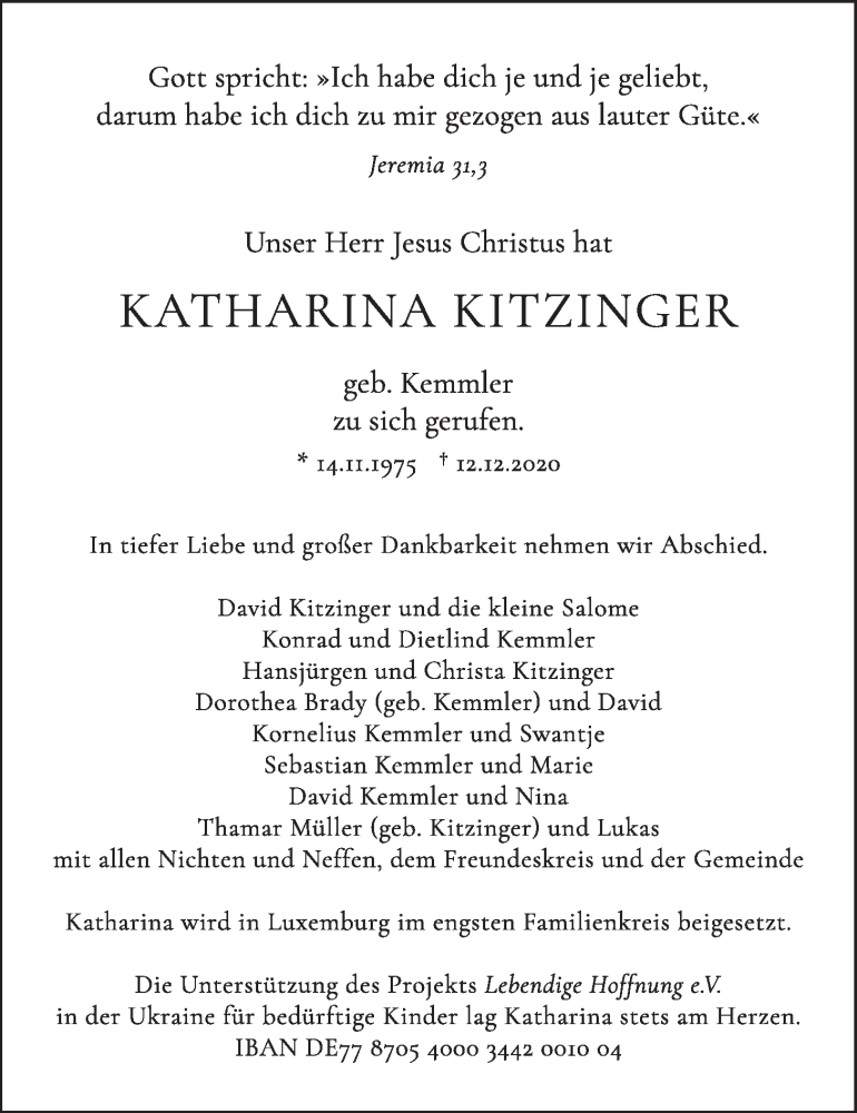  Traueranzeige für Katharina Kitzinger vom 16.12.2020 aus LZ