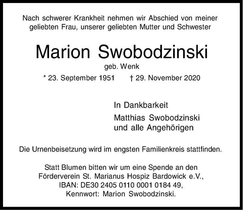  Traueranzeige für Marion Swobodzinski vom 05.12.2020 aus LZ