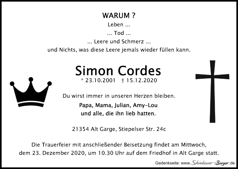  Traueranzeige für Simon Cordes vom 19.12.2020 aus LZ