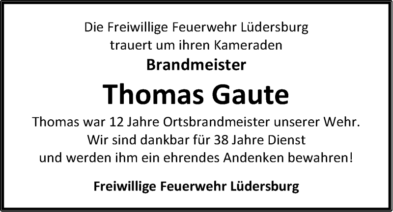  Traueranzeige für Thomas Gaute vom 29.12.2020 aus LZ