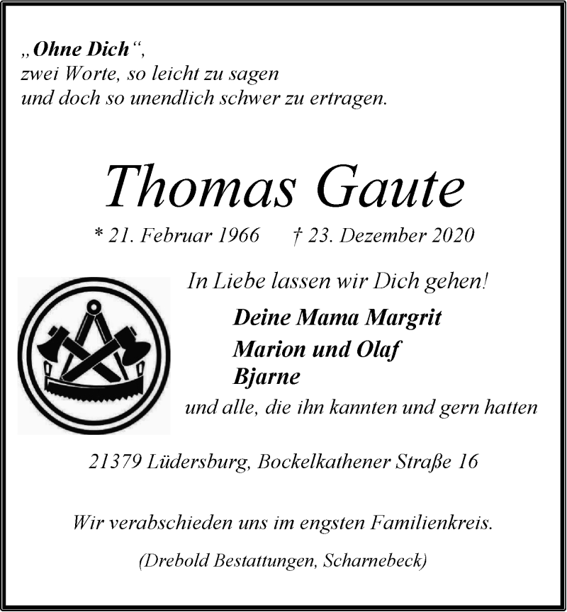  Traueranzeige für Thomas Gaute vom 29.12.2020 aus LZ