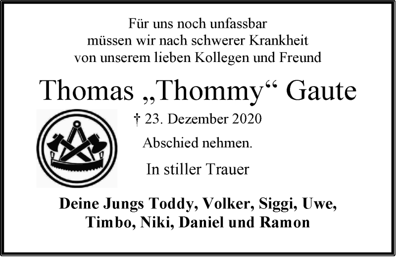  Traueranzeige für Thomas Gaute vom 29.12.2020 aus LZ