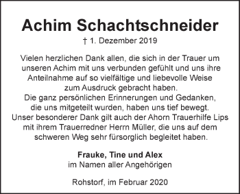 Anzeige von Achim Schachtschneider von LZ