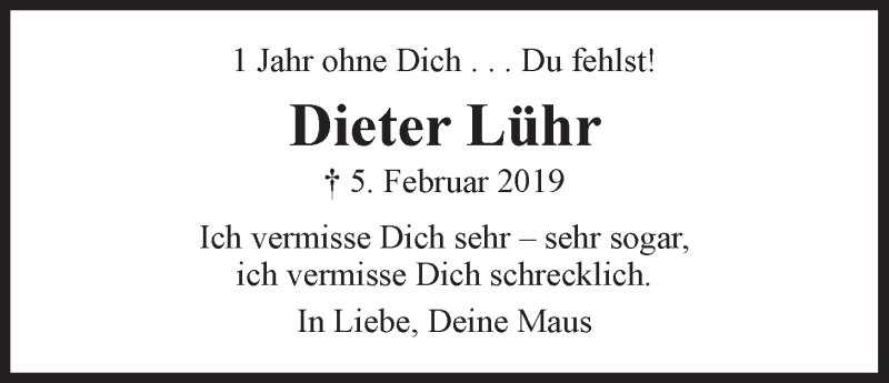  Traueranzeige für Dieter Lühr vom 05.02.2020 aus LZ