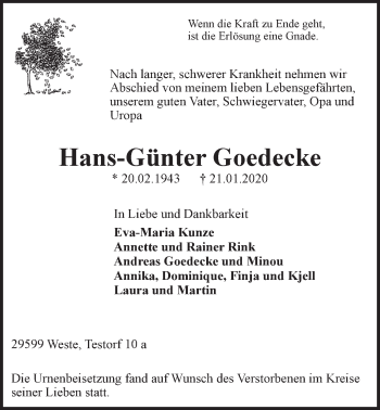 Anzeige von Hans-Günter Goedecke von LZ