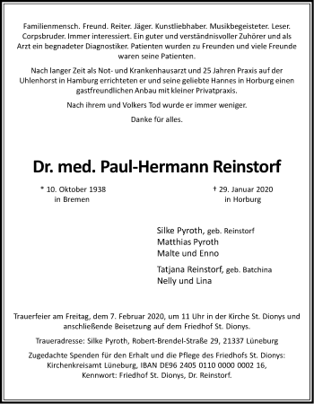 Anzeige von Paul-Hermann Reinstorf von LZ