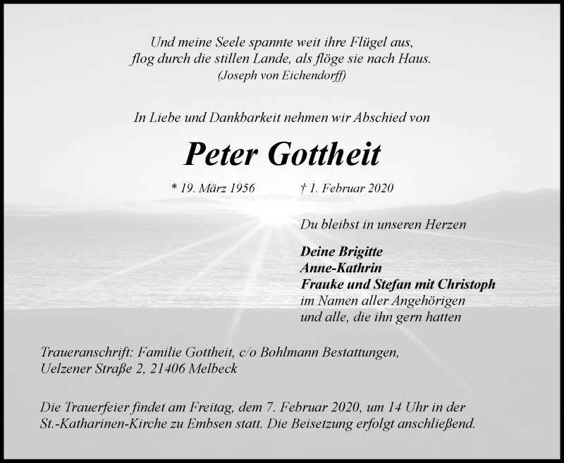  Traueranzeige für Peter Gottheit vom 05.02.2020 aus LZ