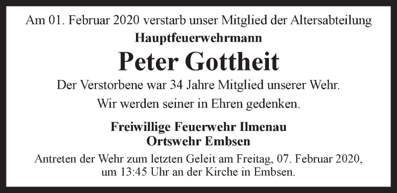  Traueranzeige für Peter Gottheit vom 06.02.2020 aus LZ