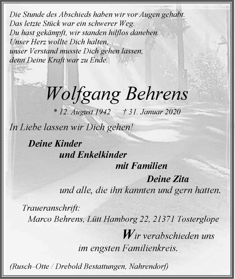  Traueranzeige für Wolfgang Behrens vom 08.02.2020 aus LZ