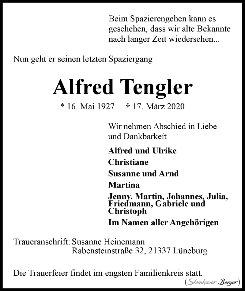  Traueranzeige für Alfred Tengler vom 28.03.2020 aus LZ