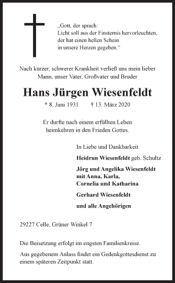 Anzeige von Hans Jürgen Wiesenfeldt von LZ