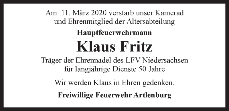  Traueranzeige für Klaus Fritz vom 21.03.2020 aus LZ