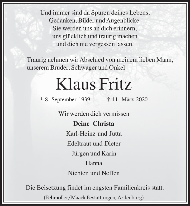 Traueranzeige für Klaus Fritz vom 21.03.2020 aus LZ