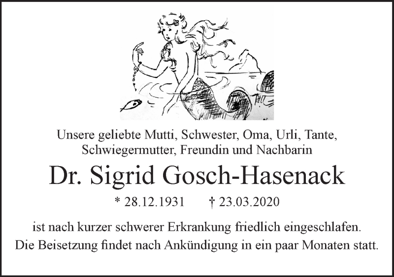  Traueranzeige für Sigrid Gosch-Hasenack vom 28.03.2020 aus LZ