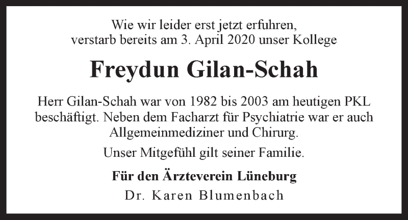  Traueranzeige für Freydun Gilan-Schah vom 21.04.2020 aus LZ