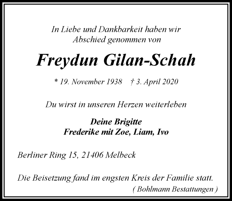  Traueranzeige für Freydun Gilan-Schah vom 11.04.2020 aus LZ