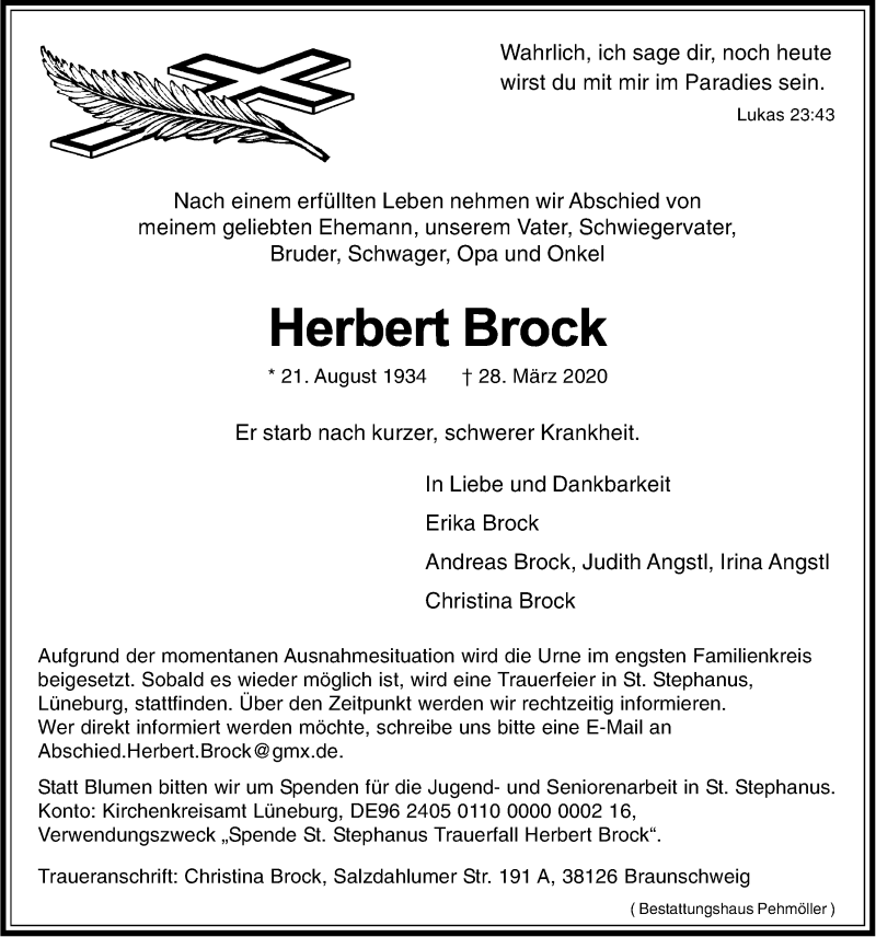  Traueranzeige für Herbert Brock vom 04.04.2020 aus LZ