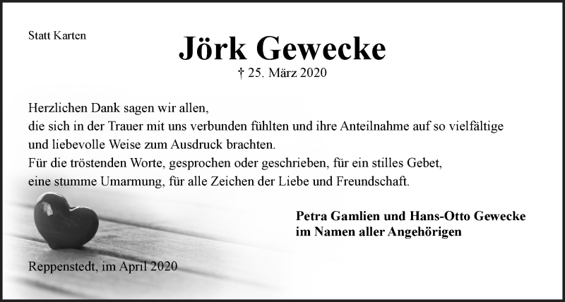  Traueranzeige für Jörk Gewecke vom 18.04.2020 aus LZ