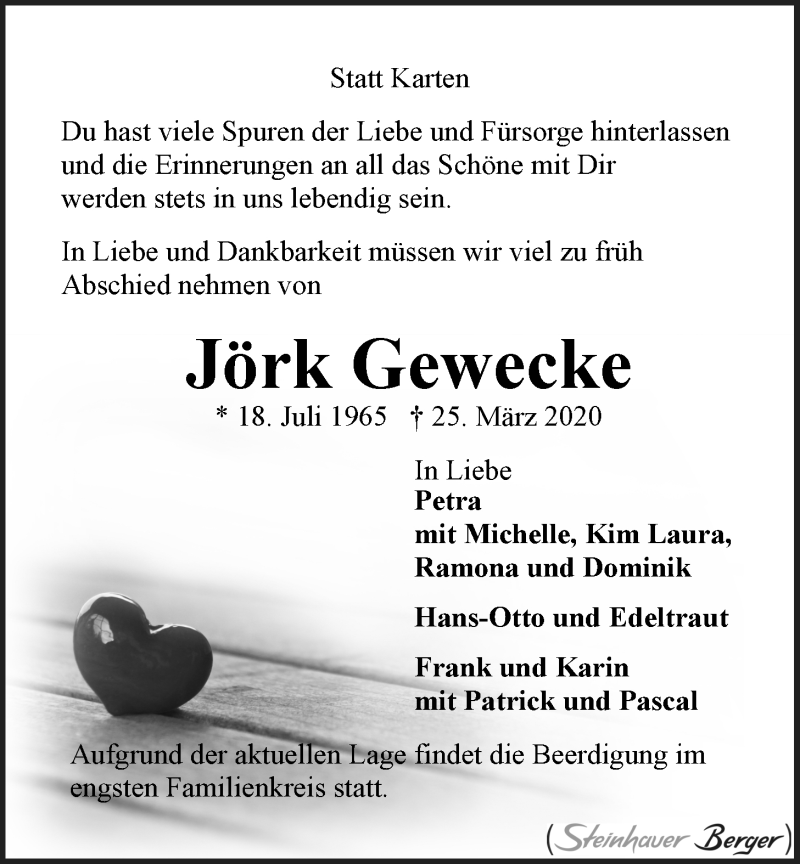  Traueranzeige für Jörk Gewecke vom 31.03.2020 aus LZ