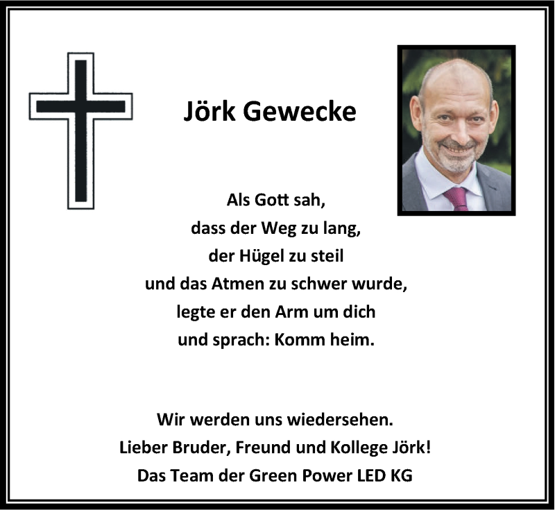  Traueranzeige für Jörk Gewecke vom 18.04.2020 aus LZ