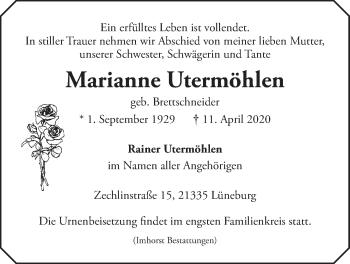 Anzeige von Marianne Untermöhlen von LZ