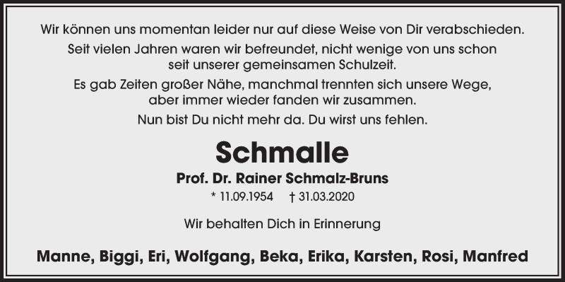 Traueranzeige für Rainer Schmalz-Bruns vom 04.04.2020 aus LZ
