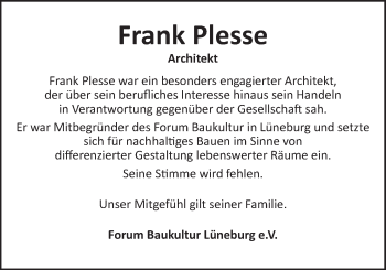 Anzeige von Frank Plesse von LZ