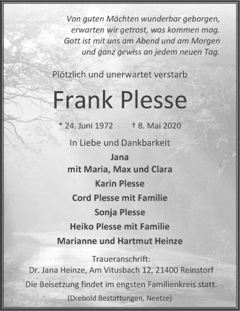 Anzeige von Frank Plesse von LZ