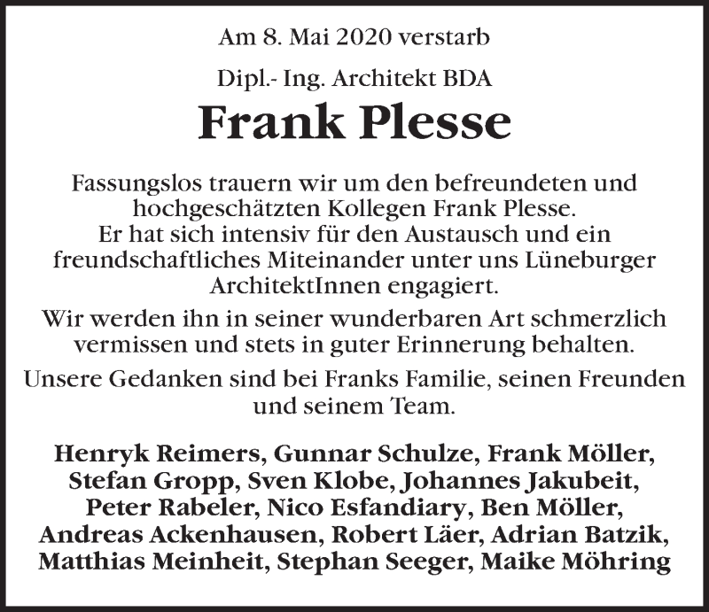  Traueranzeige für Frank Plesse vom 16.05.2020 aus LZ