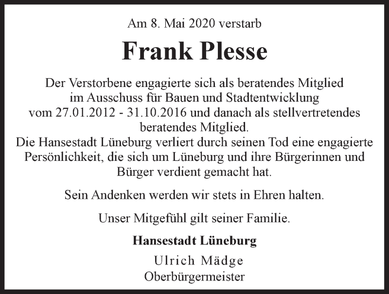  Traueranzeige für Frank Plesse vom 13.05.2020 aus LZ