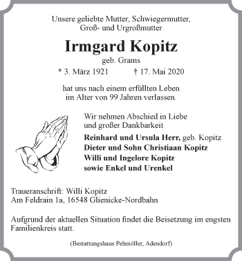 Anzeige von Irmgard Kopitz von LZ