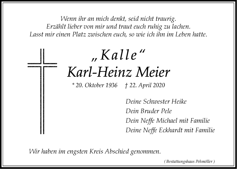  Traueranzeige für Karl-Heinz Meier vom 02.05.2020 aus LZ