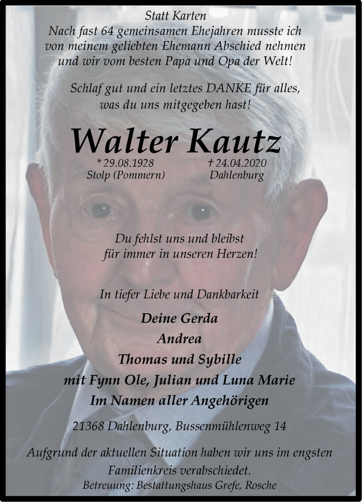  Traueranzeige für Walter Kautz vom 02.05.2020 aus LZ
