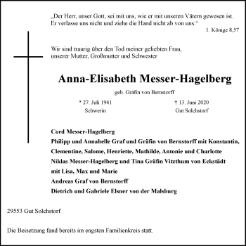 Anzeige von Anna-Elisabeth Messer-Hagelberg von LZ