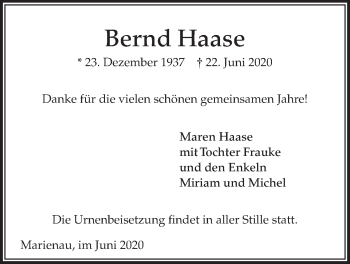 Anzeige von Bernd Haase von LZ