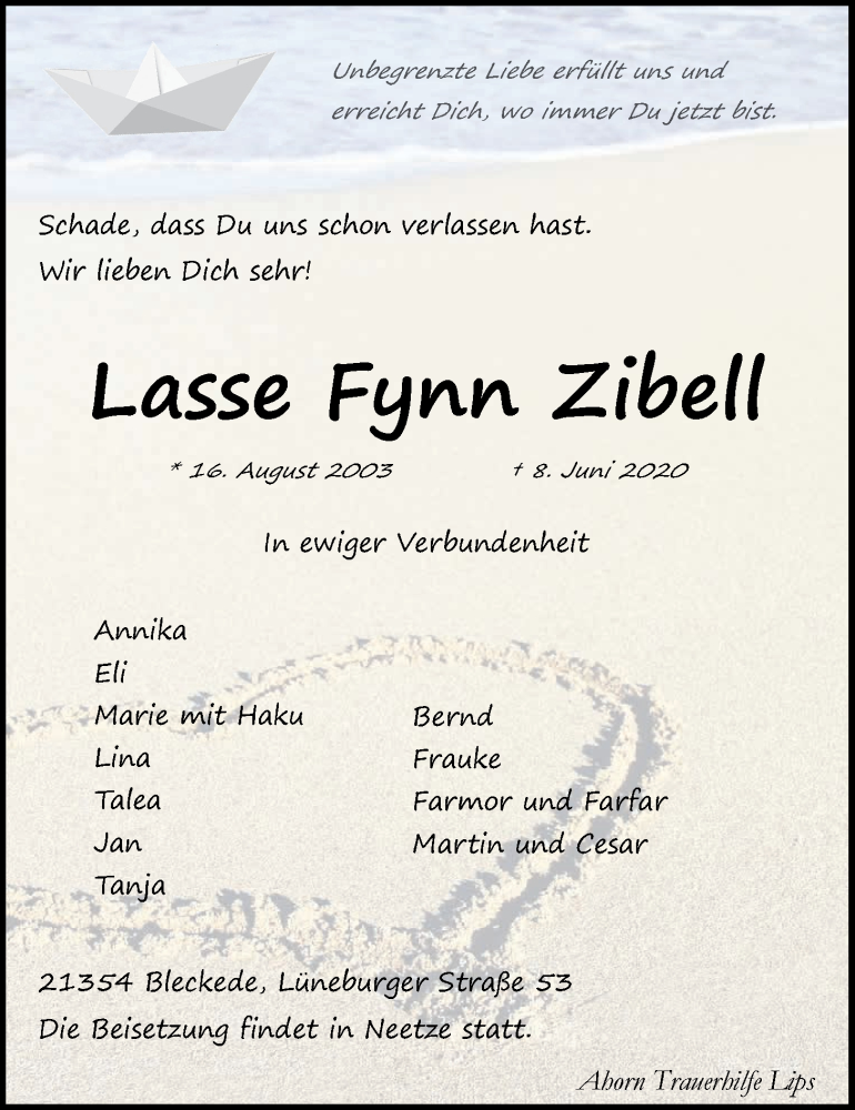  Traueranzeige für Lasse Fynn Zibell vom 13.06.2020 aus LZ