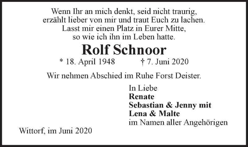  Traueranzeige für Rolf Schnoor vom 13.06.2020 aus LZ