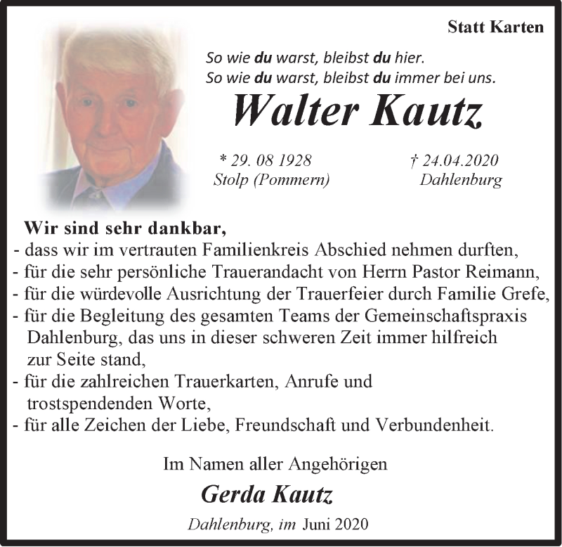  Traueranzeige für Walter Kautz vom 06.06.2020 aus LZ