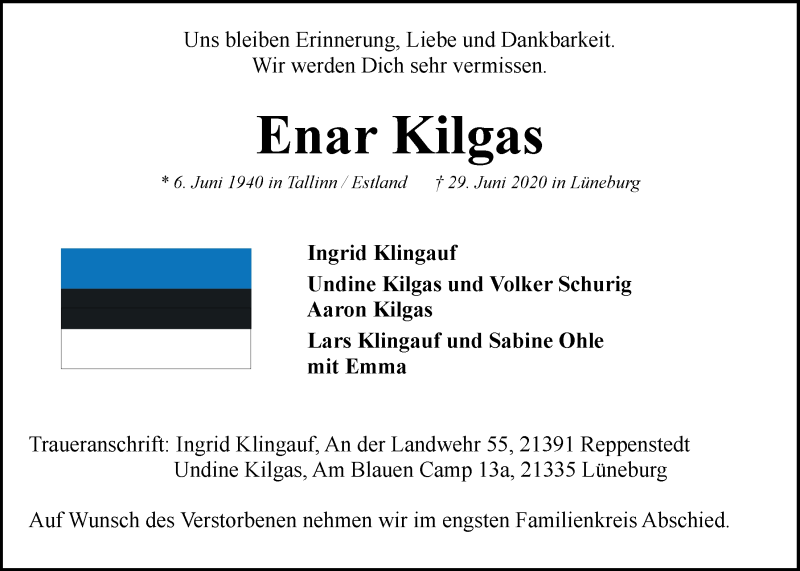  Traueranzeige für Enar Kilgas vom 04.07.2020 aus LZ
