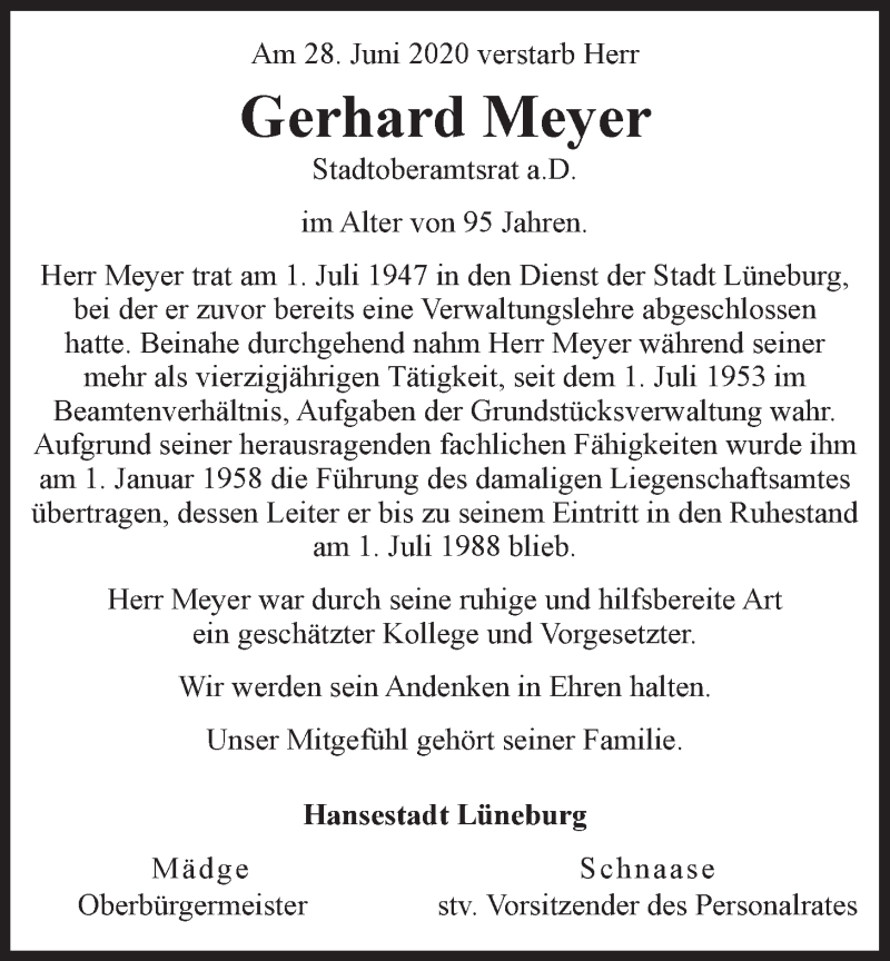  Traueranzeige für Gerhard Meyer vom 04.07.2020 aus LZ