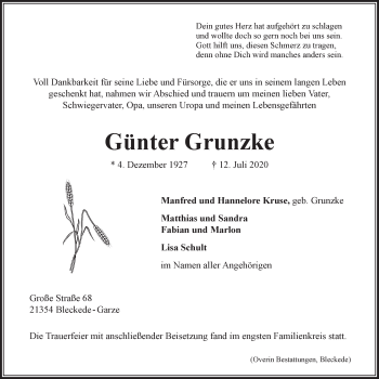 Anzeige von Günter Grunzke von LZ